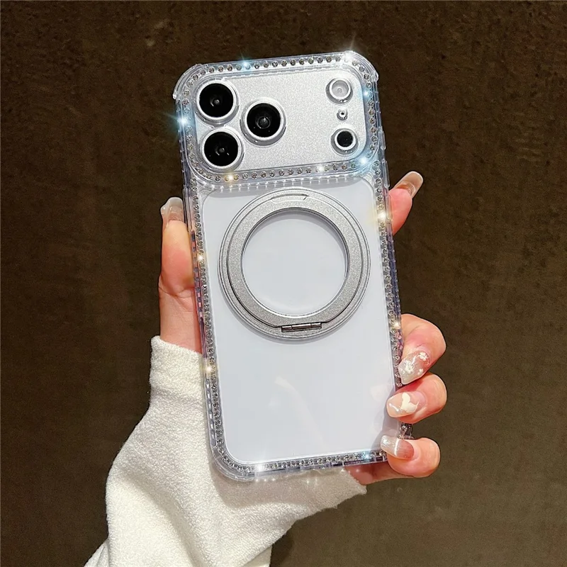 For iPhone 17 Pro Magnetic Case Rhinestones Decor Ring Kickstand PC + TPU Clear Phone Cover - Transparent