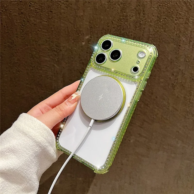 For iPhone 17 Pro Magnetic Case Rhinestones Decor Ring Kickstand PC + TPU Clear Phone Cover - Transparent