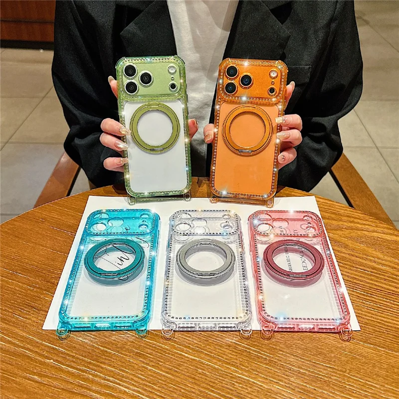 For iPhone 17 Pro Magnetic Case Rhinestones Decor Ring Kickstand PC + TPU Clear Phone Cover - Transparent