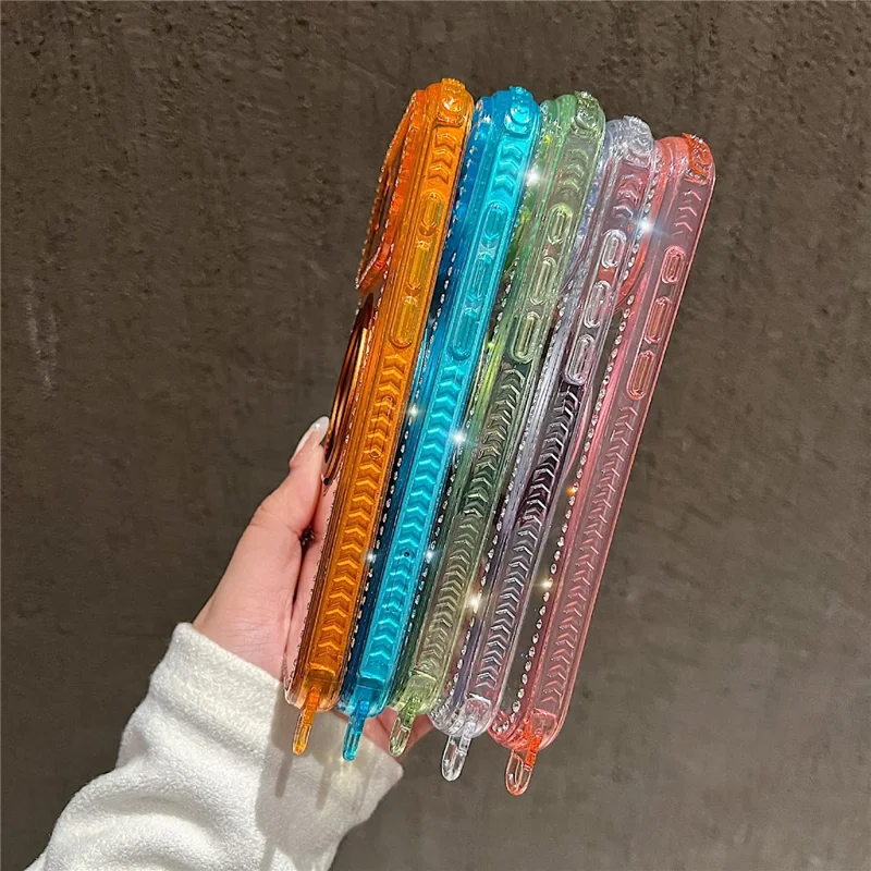 For iPhone 17 Pro Max Magnetic Case Rhinestones Decor Ring Kickstand PC + TPU Clear Phone Cover - Transparent