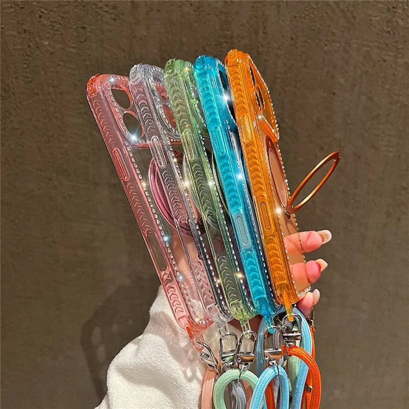 For iPhone 17 Pro Magnetic Case Ring Kickstand PC + TPU Rhinestones Decor Phone Cover with Shoulder Strap - Orange