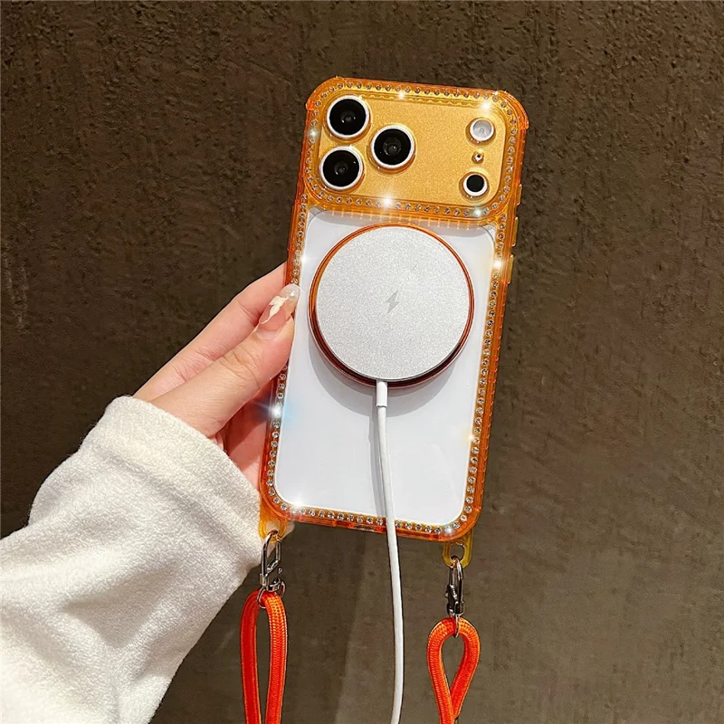 For iPhone 17 Pro Max Magnetic Case Ring Kickstand PC + TPU Rhinestones Decor Phone Cover with Shoulder Strap - Orange
