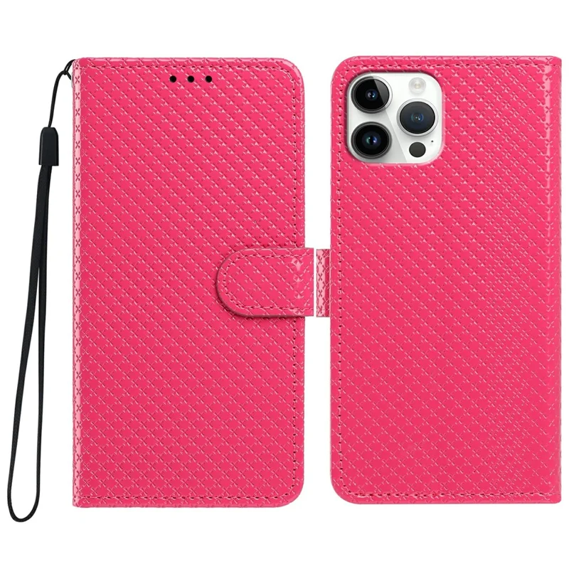 Étui portefeuille pour iPhone 16 Pro avec stand en cuir texturé diamant et dragonne - Rose