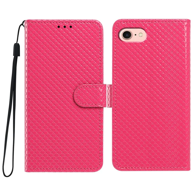 Funda tipo cartera con tapa de cuero con textura de diamante y soporte para iPhone 16e / 17e con correa de mano - Rosa