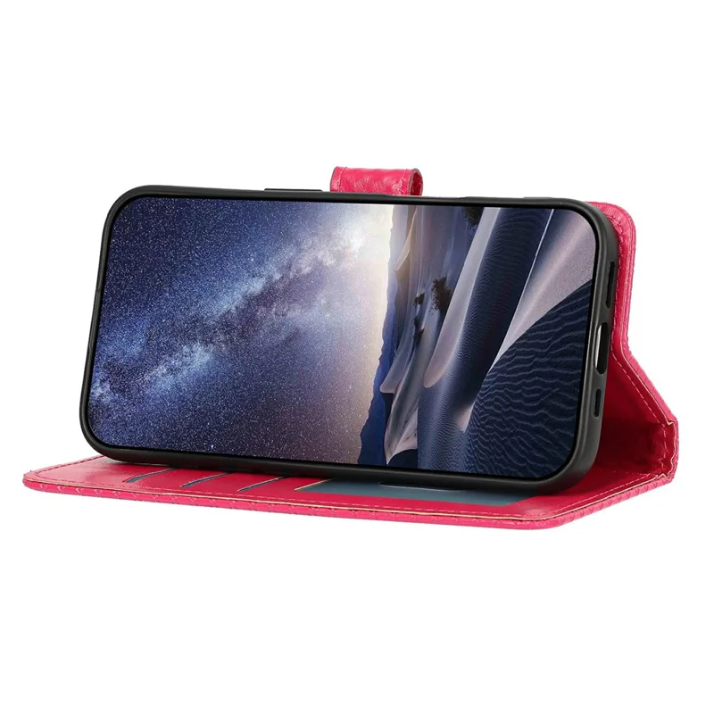 Funda tipo cartera con tapa de cuero con textura de diamante y soporte para iPhone 16e / 17e con correa de mano - Rosa