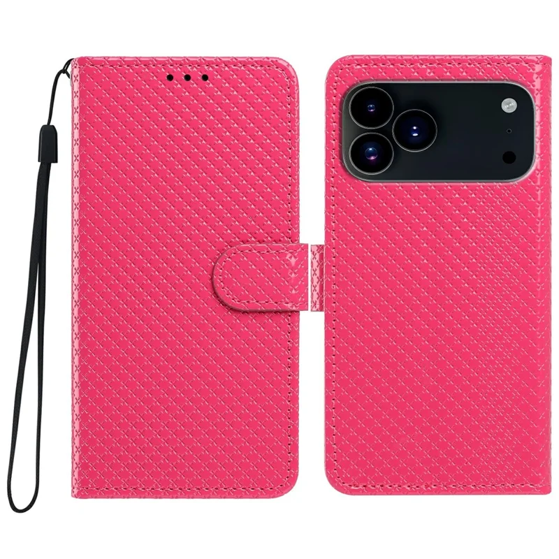 For iPhone 17 Pro Wallet Case Diamond Texture Leather Stand Flip Phone Cover with Wrist Strap - Rose