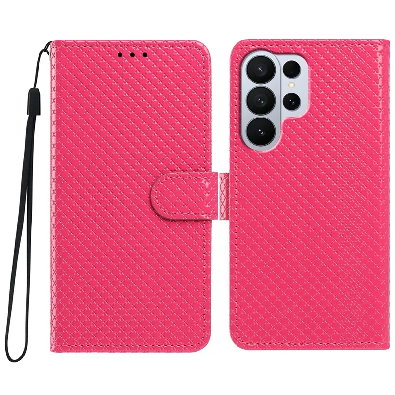 For Samsung Galaxy S26 Ultra Wallet Case Diamond Texture Leather Stand Flip Phone Cover with Wrist Strap - Rose