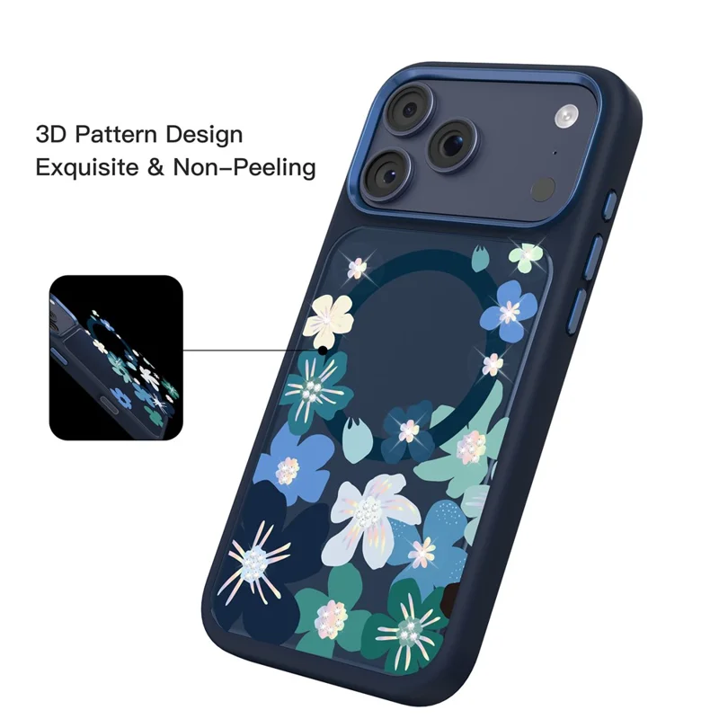 MUTURAL For iPhone 17 Pro Max Magnetic Case Flower Pattern Design Liquid Silicone + Glass + PC Phone Cover - Dark Blue