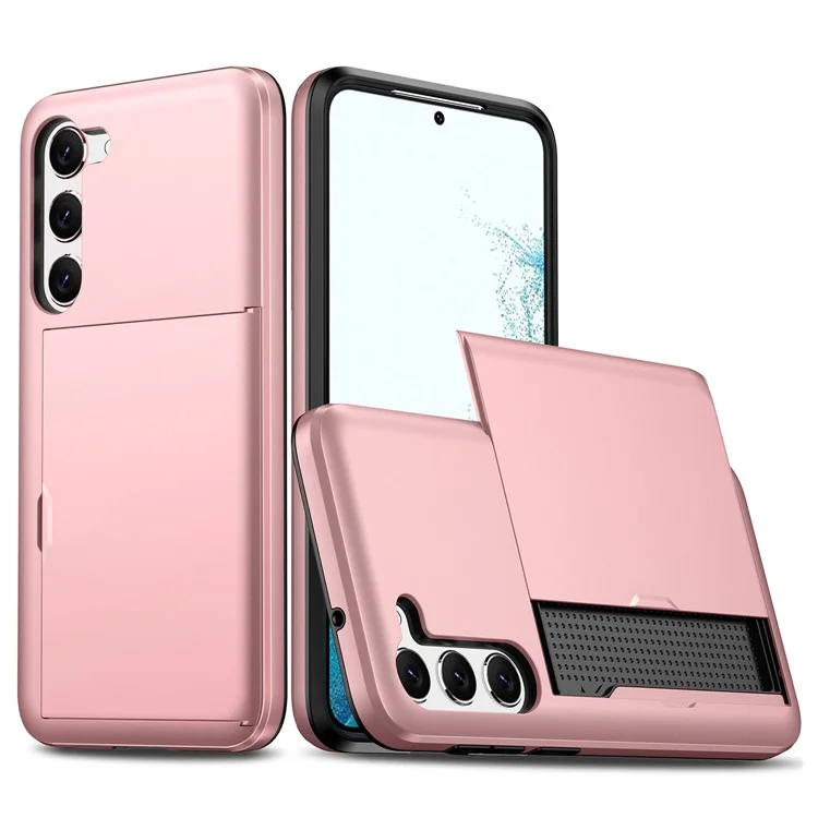 For Samsung Galaxy S23+ Mobile Phone Case TPU + PC Scratch-resistant Back Cover with Slide Card Holder - Rose Gold