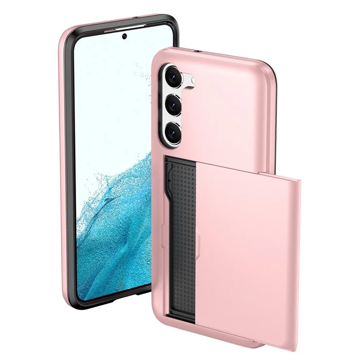 For Samsung Galaxy S23+ Mobile Phone Case TPU + PC Scratch-resistant Back Cover with Slide Card Holder - Rose Gold