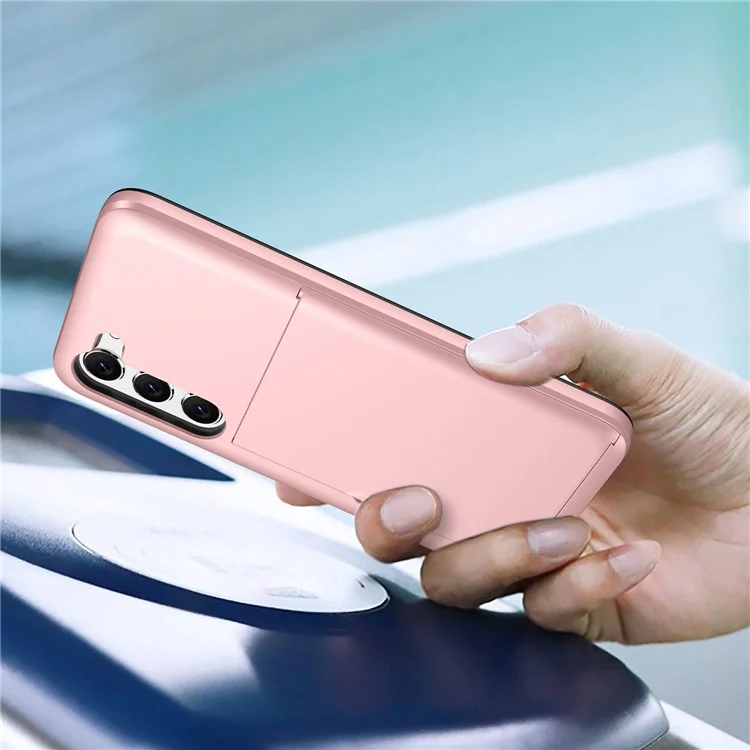 For Samsung Galaxy S23+ Mobile Phone Case TPU + PC Scratch-resistant Back Cover with Slide Card Holder - Rose Gold