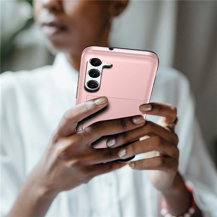 For Samsung Galaxy S23+ Mobile Phone Case TPU + PC Scratch-resistant Back Cover with Slide Card Holder - Rose Gold