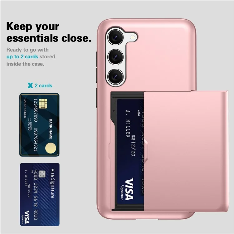 For Samsung Galaxy S23+ Mobile Phone Case TPU + PC Scratch-resistant Back Cover with Slide Card Holder - Rose Gold