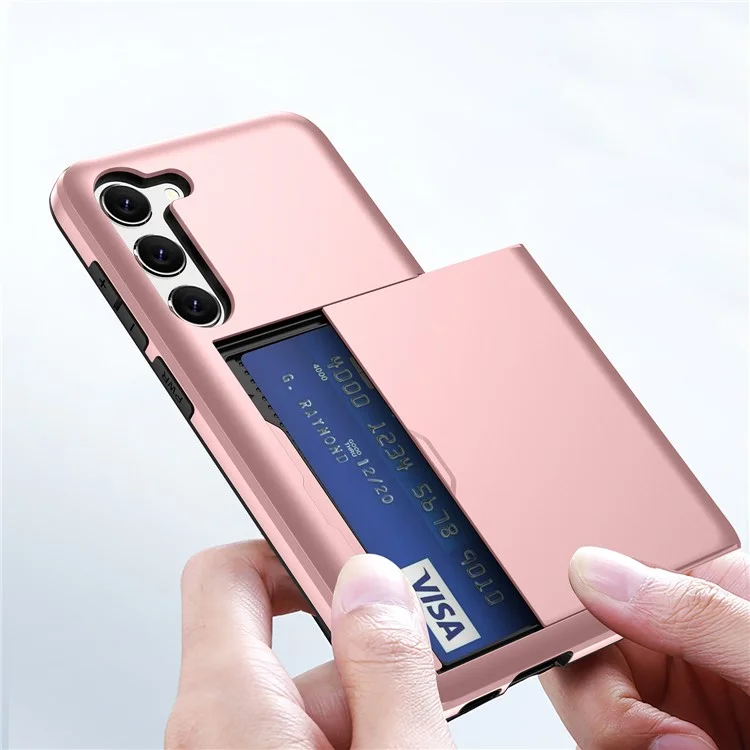 For Samsung Galaxy S23+ Mobile Phone Case TPU + PC Scratch-resistant Back Cover with Slide Card Holder - Rose Gold