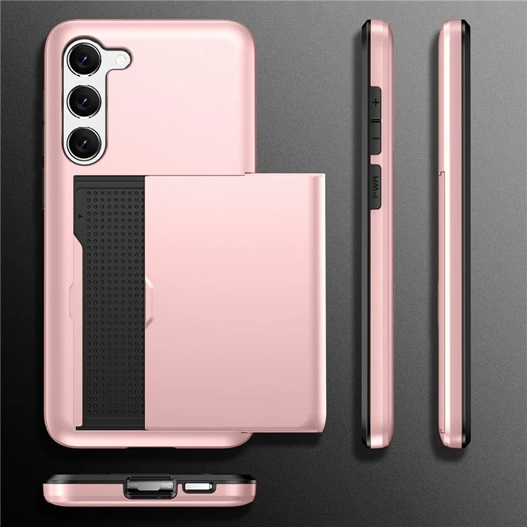 For Samsung Galaxy S23+ Mobile Phone Case TPU + PC Scratch-resistant Back Cover with Slide Card Holder - Rose Gold