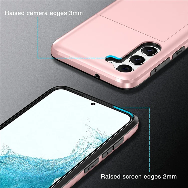 For Samsung Galaxy S23+ Mobile Phone Case TPU + PC Scratch-resistant Back Cover with Slide Card Holder - Rose Gold