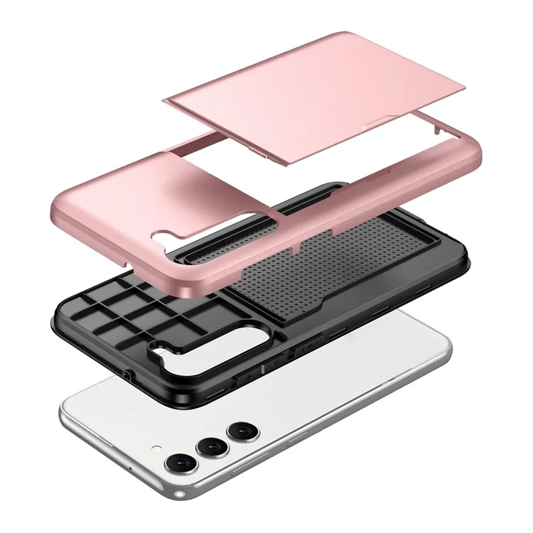 For Samsung Galaxy S23+ Mobile Phone Case TPU + PC Scratch-resistant Back Cover with Slide Card Holder - Rose Gold