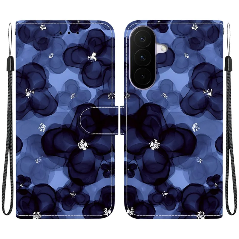 For Samsung Galaxy A27 5G Wallet Case Pattern Printing Leather Stand Phone Cover with Strap - Ink Blue Flower