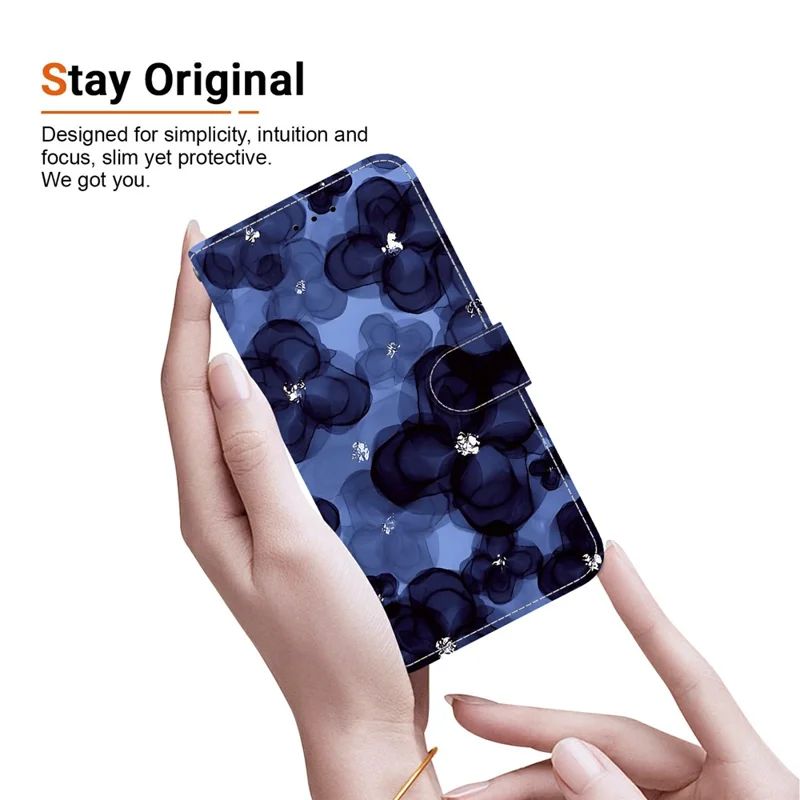 For Samsung Galaxy A27 5G Wallet Case Pattern Printing Leather Stand Phone Cover with Strap - Ink Blue Flower