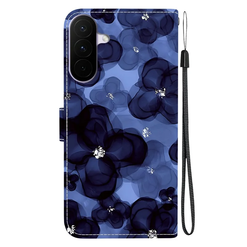 For Samsung Galaxy A27 5G Wallet Case Pattern Printing Leather Stand Phone Cover with Strap - Ink Blue Flower