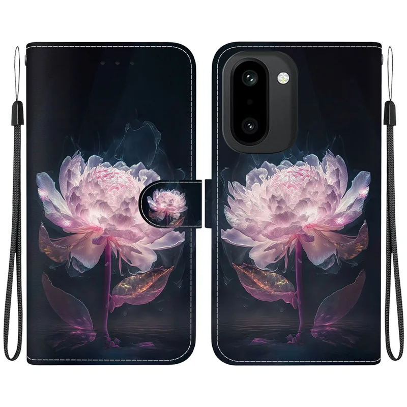 For OnePlus Ace 6 5G / 15R 5G / Ace 6T 5G Wallet Phone Case Anti-Drop Pattern Printing Leather Flip Cover with Strap - Purple Peony - Purple Peony
