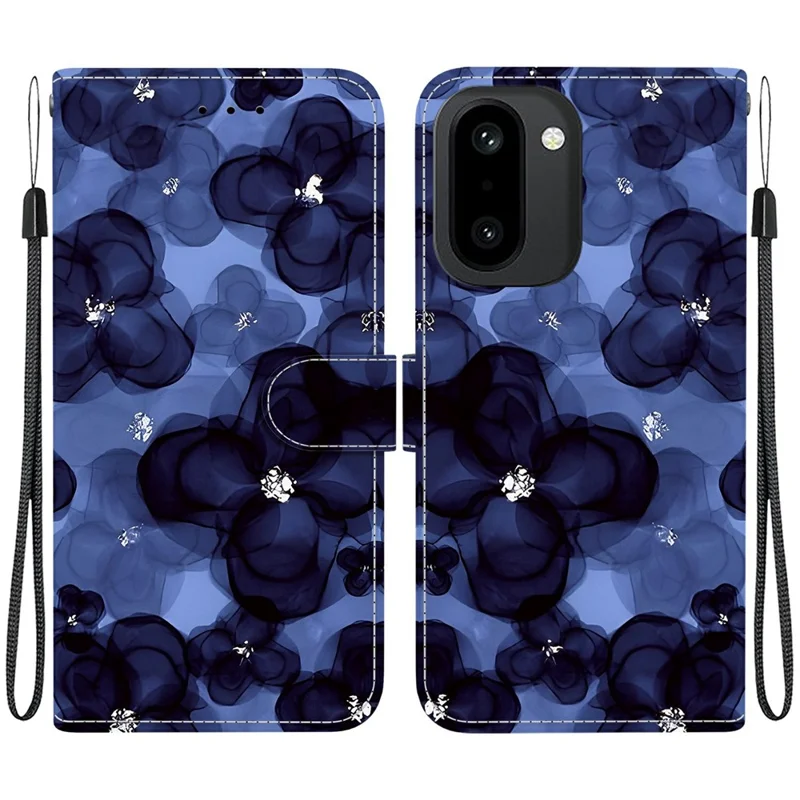 Wallet Case for OnePlus Ace 6 5G / Ace 6T 5G / 15R 5G Pattern Printing Leather Stand Phone Cover with Strap - Ink Blue Flower