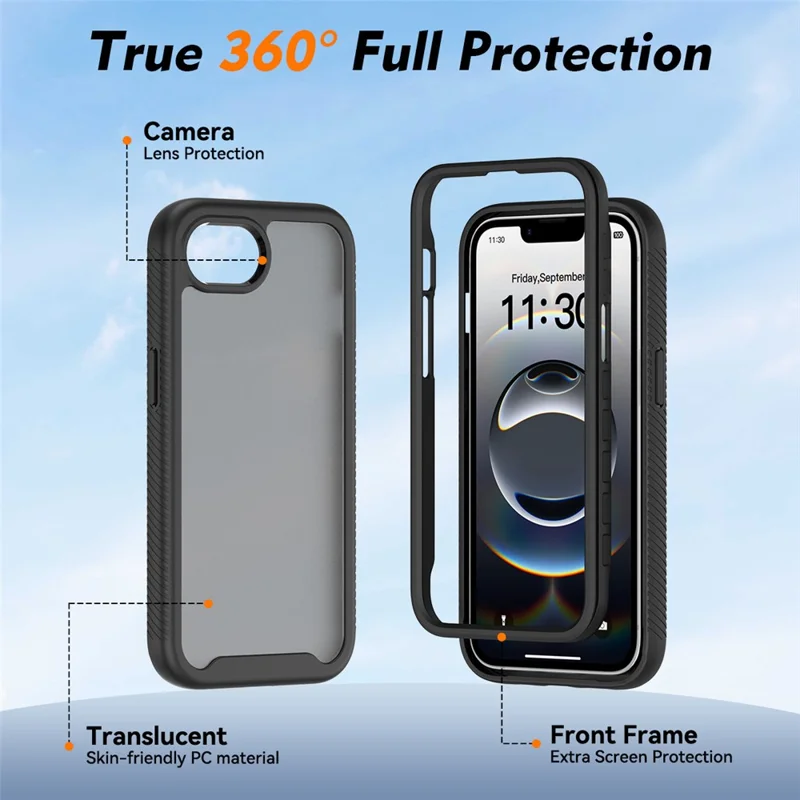 For iPhone 17e / 16e Case Translucent Matte Anti-Fingerprint PC + TPU 2 in 1 Phone Protective Cover - Black