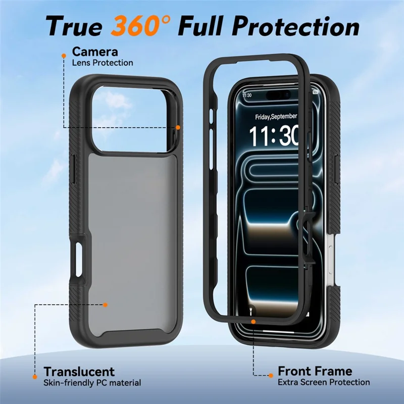 For iPhone 17 Pro Max Case Translucent Matte Anti-Fingerprint PC + TPU 2 in 1 Phone Protective Cover - Black