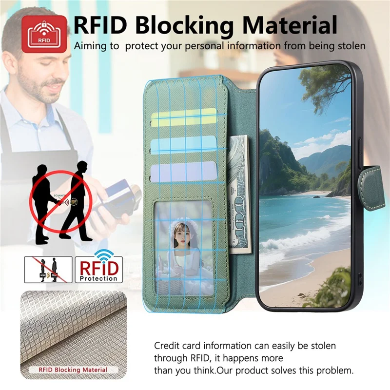 Funda magnética para Realme 16 Pro 5G con bloqueo RFID, cartera desmontable, soporte, textura de cuero - Verde