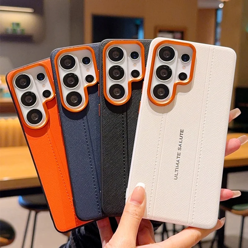For Samsung Galaxy S25 Ultra Case Leather Texture PC + TPU Anti-slip Protective Phone Cover - White