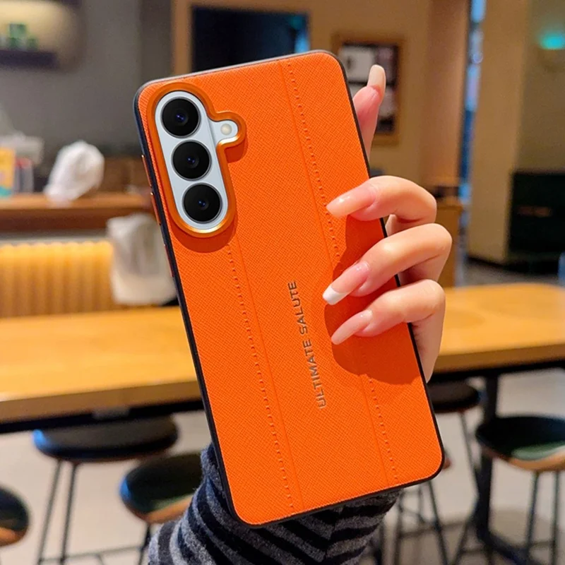 For Samsung Galaxy S24 Case Leather Texture PC + TPU Anti-slip Protective Phone Cover - Orange