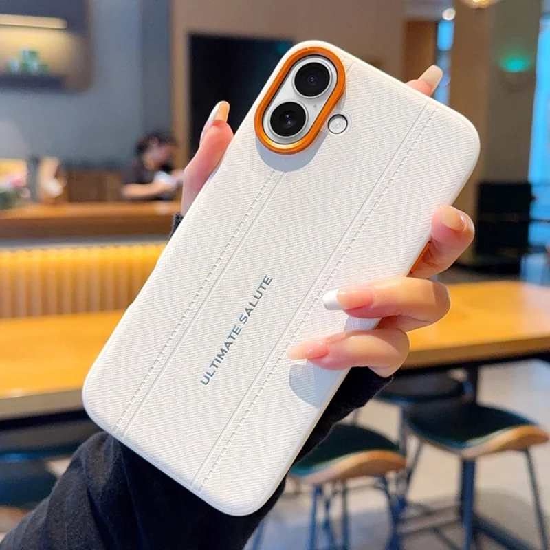 For iPhone 16 Plus Case Leather Texture PC + TPU Anti-slip Protective Phone Cover - White