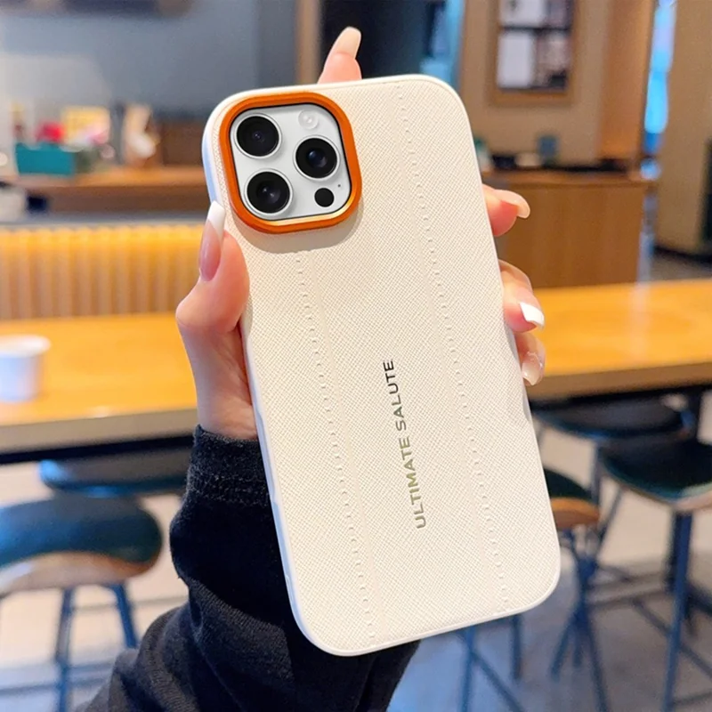 For iPhone 16 Pro Max Case Leather Texture PC + TPU Anti-slip Protective Phone Cover - White