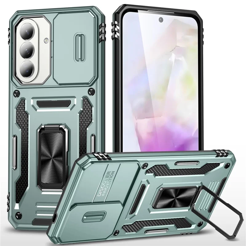 For Samsung Galaxy A57 5G Case Kickstand Slide Lens Lid PC + TPU Drop-Proof Phone Cover - Green