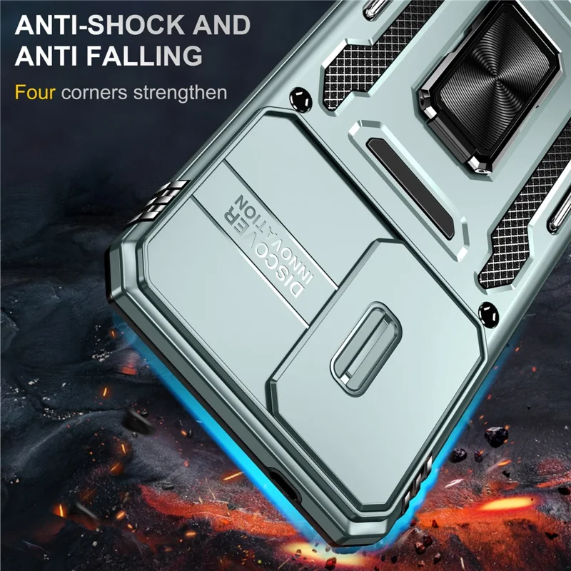 For Samsung Galaxy A57 5G Case Kickstand Slide Lens Lid PC + TPU Drop-Proof Phone Cover - Green