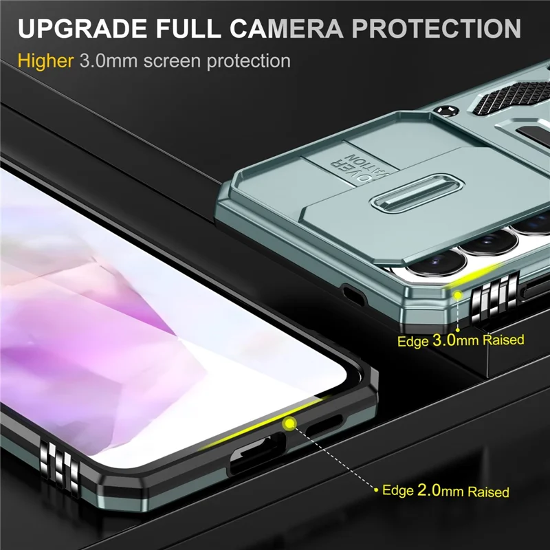 For Samsung Galaxy A57 5G Case Kickstand Slide Lens Lid PC + TPU Drop-Proof Phone Cover - Green