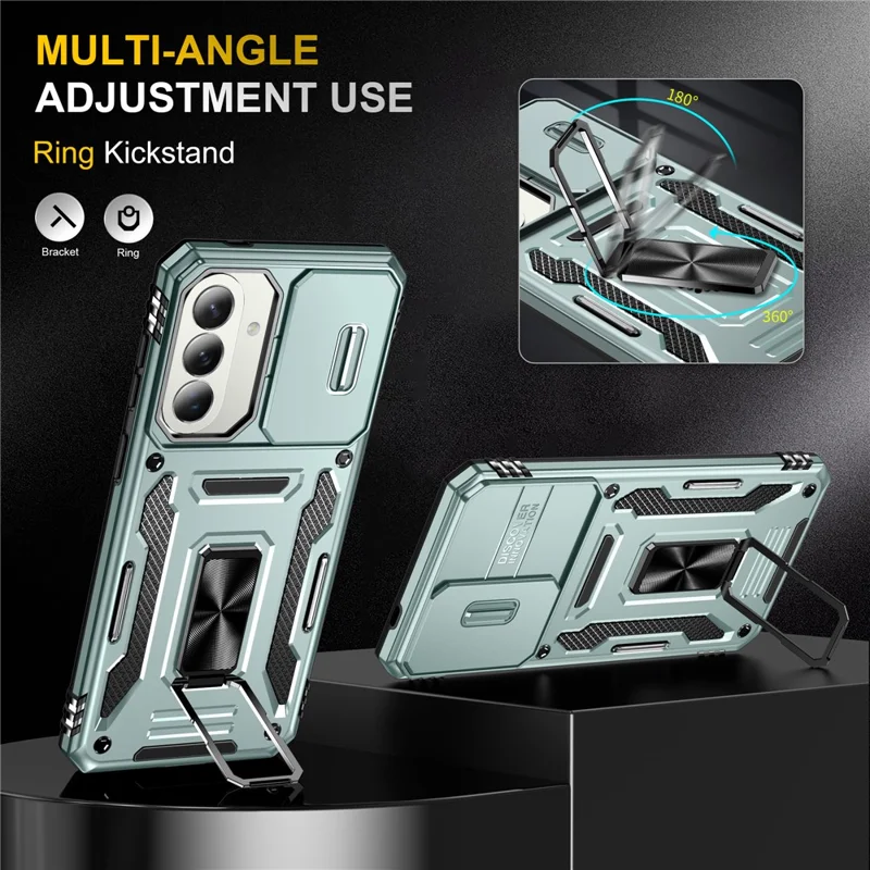 For Samsung Galaxy A57 5G Case Kickstand Slide Lens Lid PC + TPU Drop-Proof Phone Cover - Green