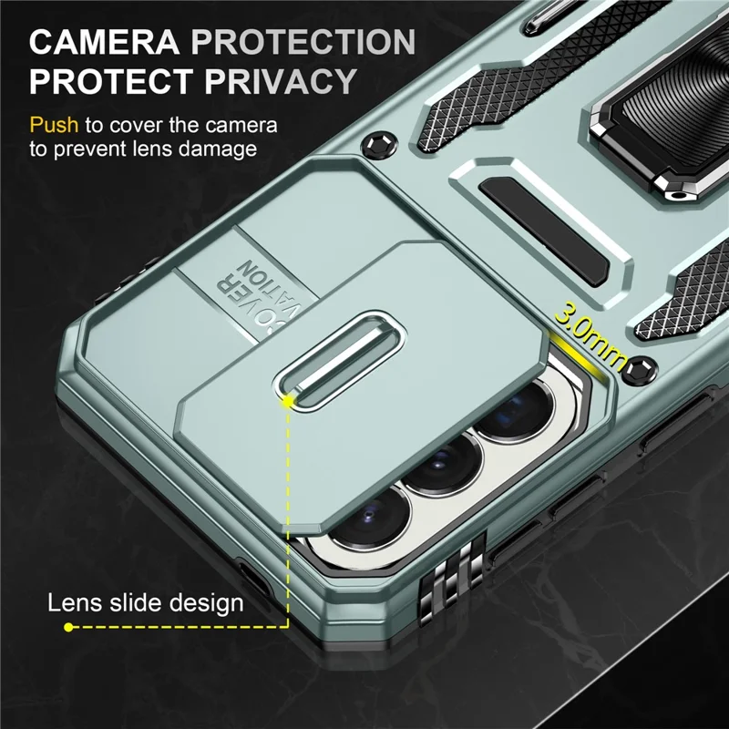 For Samsung Galaxy A57 5G Case Kickstand Slide Lens Lid PC + TPU Drop-Proof Phone Cover - Green