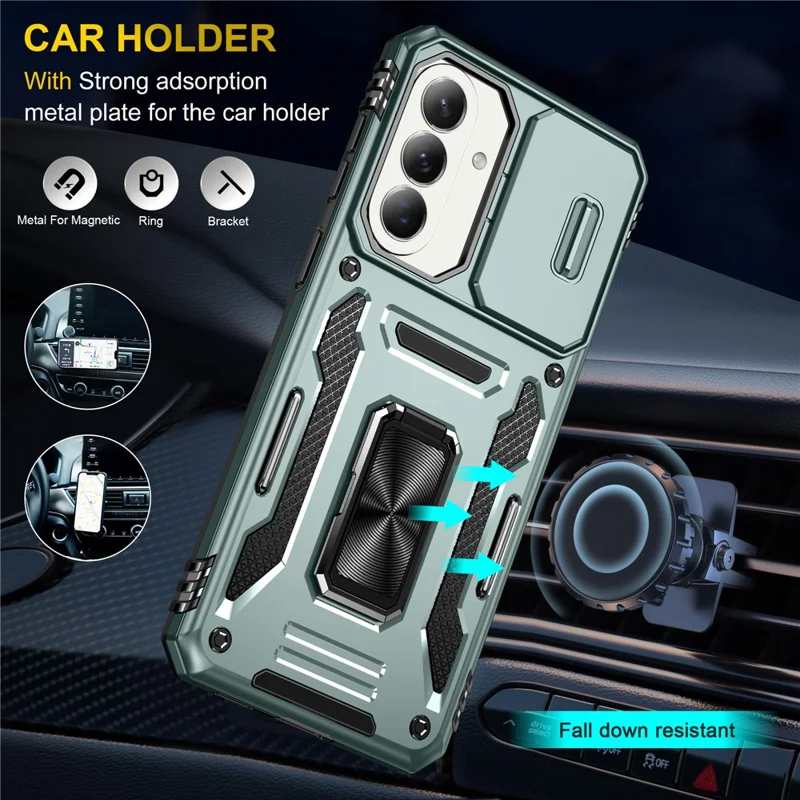 For Samsung Galaxy A57 5G Case Kickstand Slide Lens Lid PC + TPU Drop-Proof Phone Cover - Green