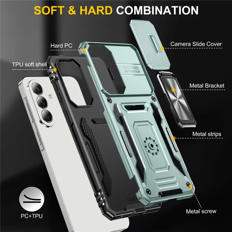 For Samsung Galaxy A57 5G Case Kickstand Slide Lens Lid PC + TPU Drop-Proof Phone Cover - Green