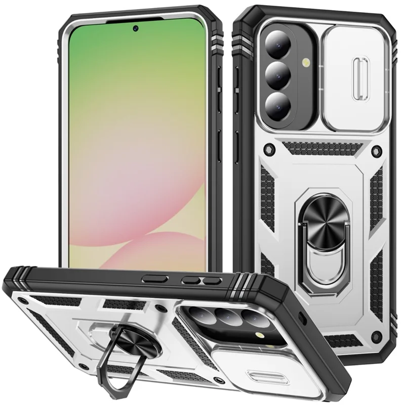For Samsung Galaxy A57 5G Case Sliding Camera Cover Ring Kickstand PC+TPU Phone Shell - White+Black