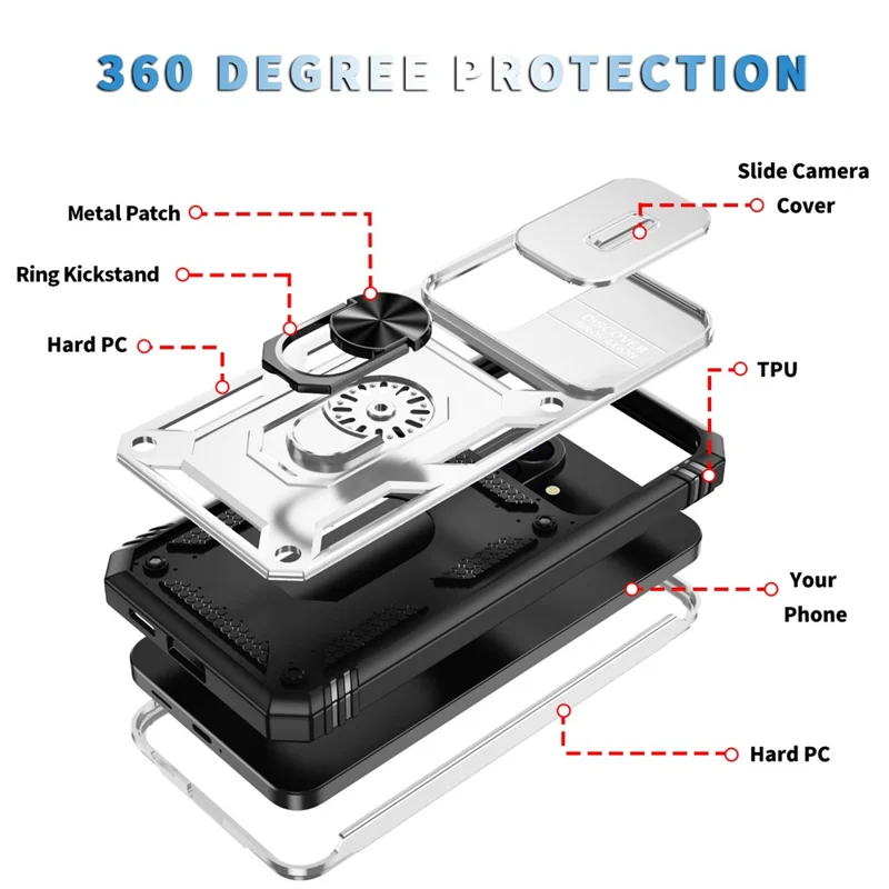 For Samsung Galaxy A57 5G Case Sliding Camera Cover Ring Kickstand PC+TPU Phone Shell - White+Black