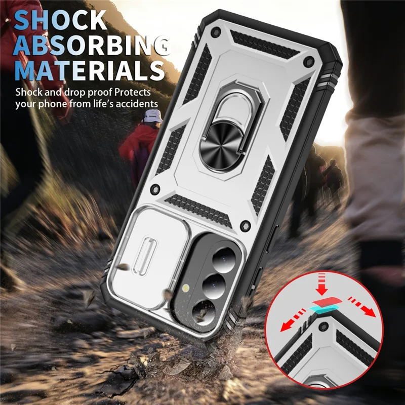 For Samsung Galaxy A57 5G Case Sliding Camera Cover Ring Kickstand PC+TPU Phone Shell - White+Black