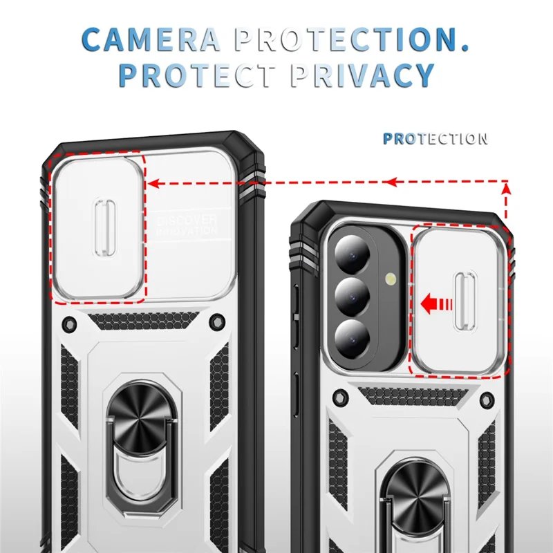 For Samsung Galaxy A57 5G Case Sliding Camera Cover Ring Kickstand PC+TPU Phone Shell - White+Black