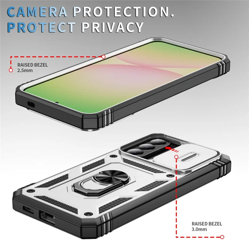 For Samsung Galaxy A57 5G Case Sliding Camera Cover Ring Kickstand PC+TPU Phone Shell - White+Black