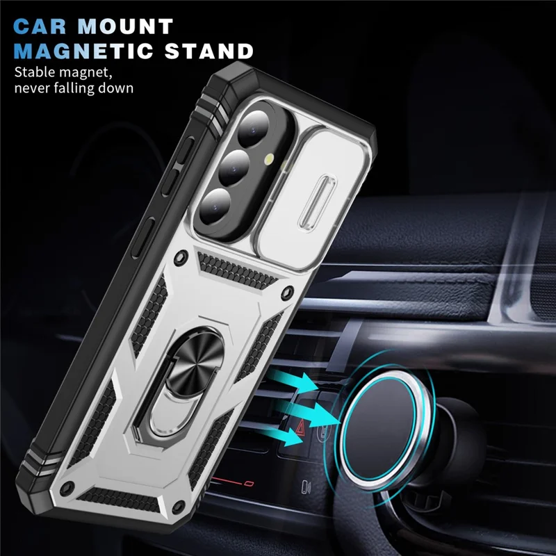 For Samsung Galaxy A57 5G Case Sliding Camera Cover Ring Kickstand PC+TPU Phone Shell - White+Black