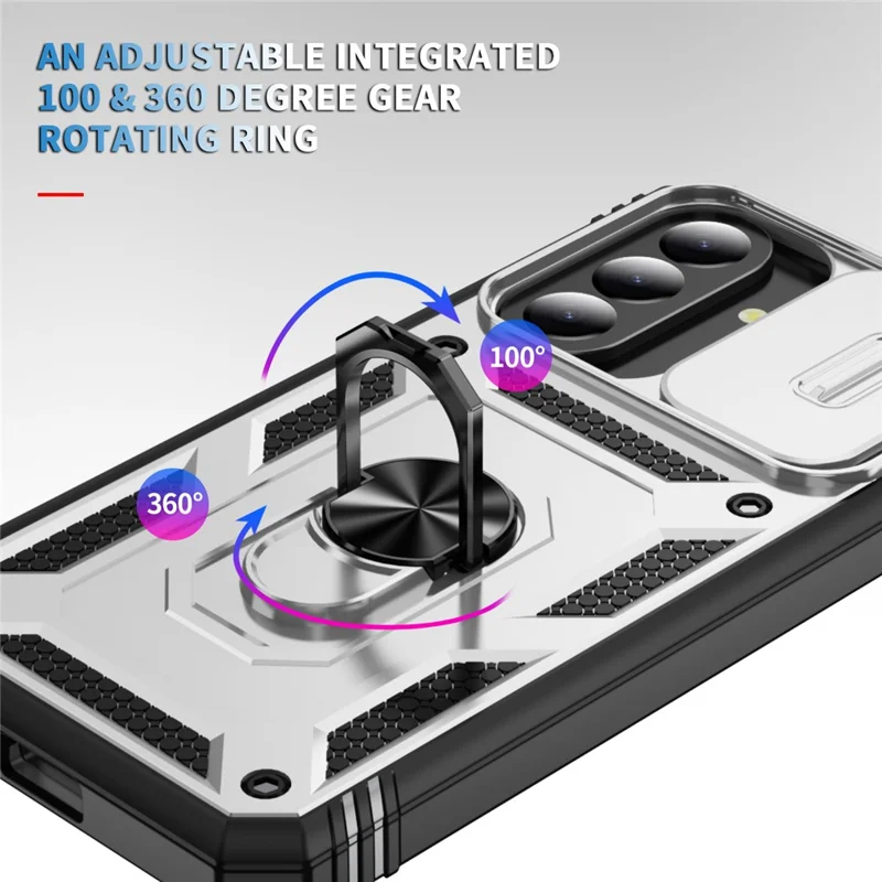 For Samsung Galaxy A57 5G Case Sliding Camera Cover Ring Kickstand PC+TPU Phone Shell - White+Black