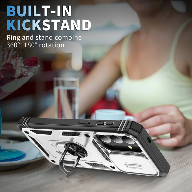 For Samsung Galaxy A57 5G Case Sliding Camera Cover Ring Kickstand PC+TPU Phone Shell - White+Black