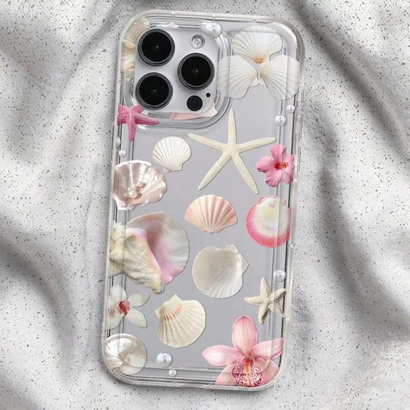Coque pour iPhone 16 Pro Max avec motif floral, étoile de mer, coquillage, transparente en TPU, protection téléphone - Rose