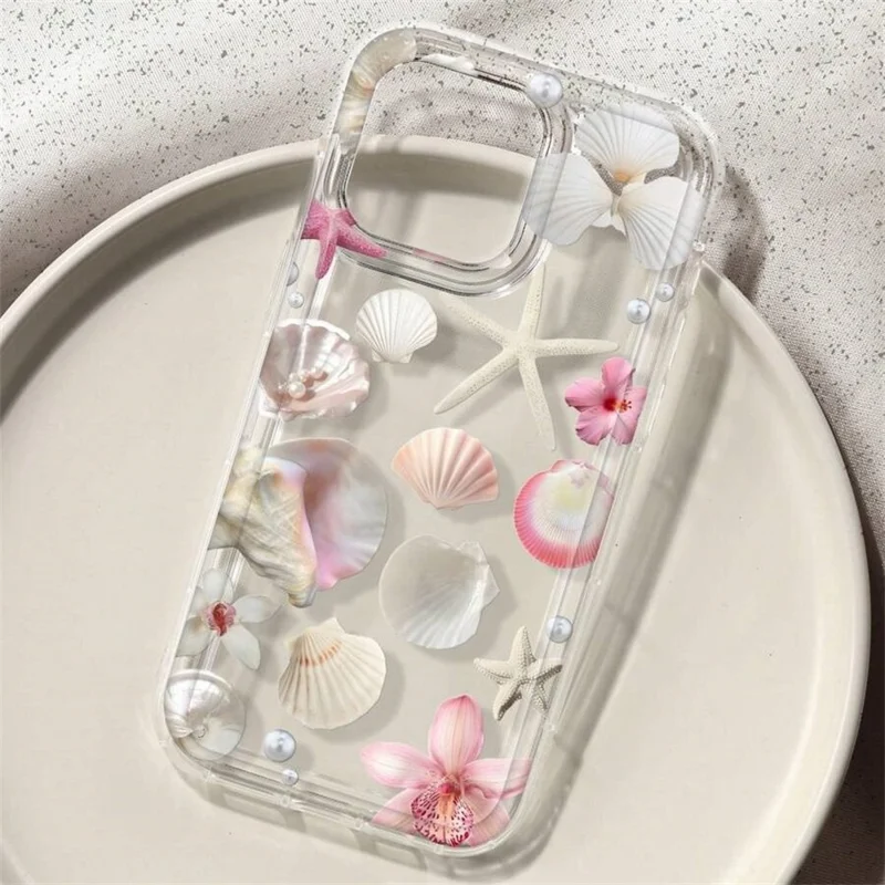 Coque pour iPhone 16 Pro Max avec motif floral, étoile de mer, coquillage, transparente en TPU, protection téléphone - Rose